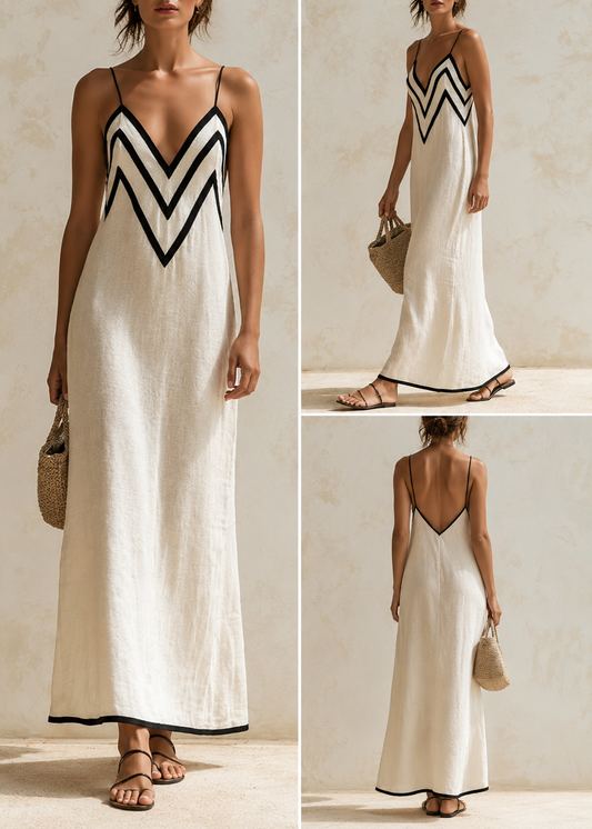Vestido largo beige claro con galón zigzag negro; vista frontal y posterior