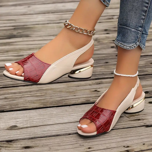 Sandalias ortopédicas elegantes rojas con paneles blancos y tacón ancho