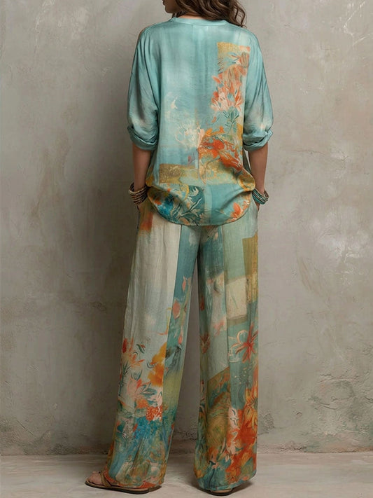 Kiara - Elegante conjunto con estampado floral y pantalones anchos