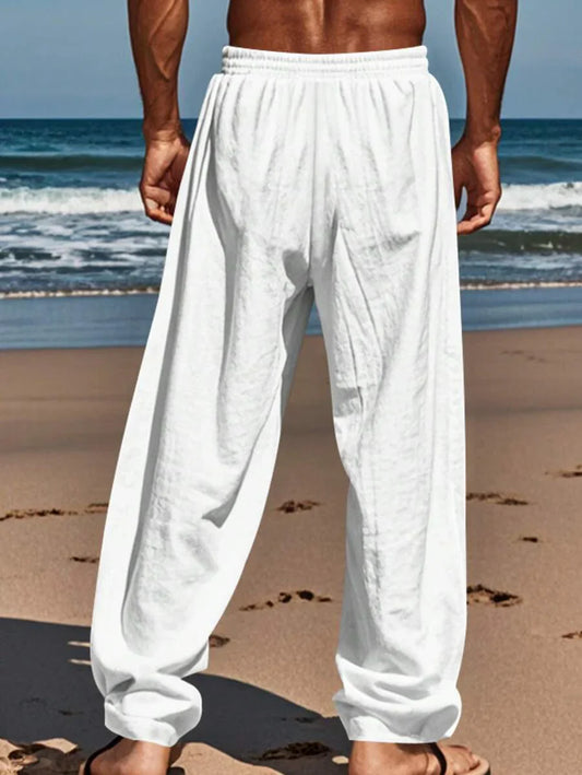 Pantalón ligero de lino blanco con cintura elástica y cordón, tiro holgado