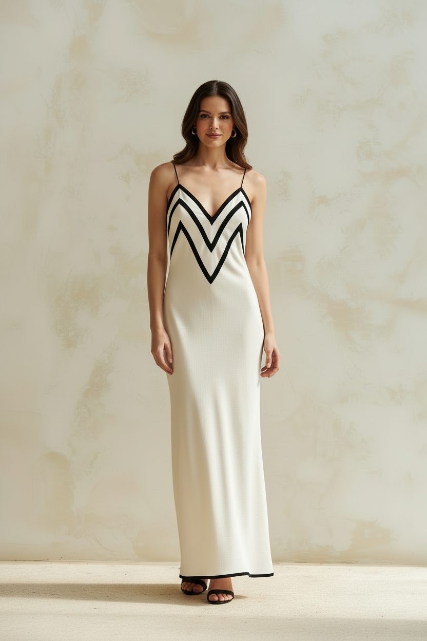 Vestido largo beige claro con ribete negro en zigzag y tirantes finos