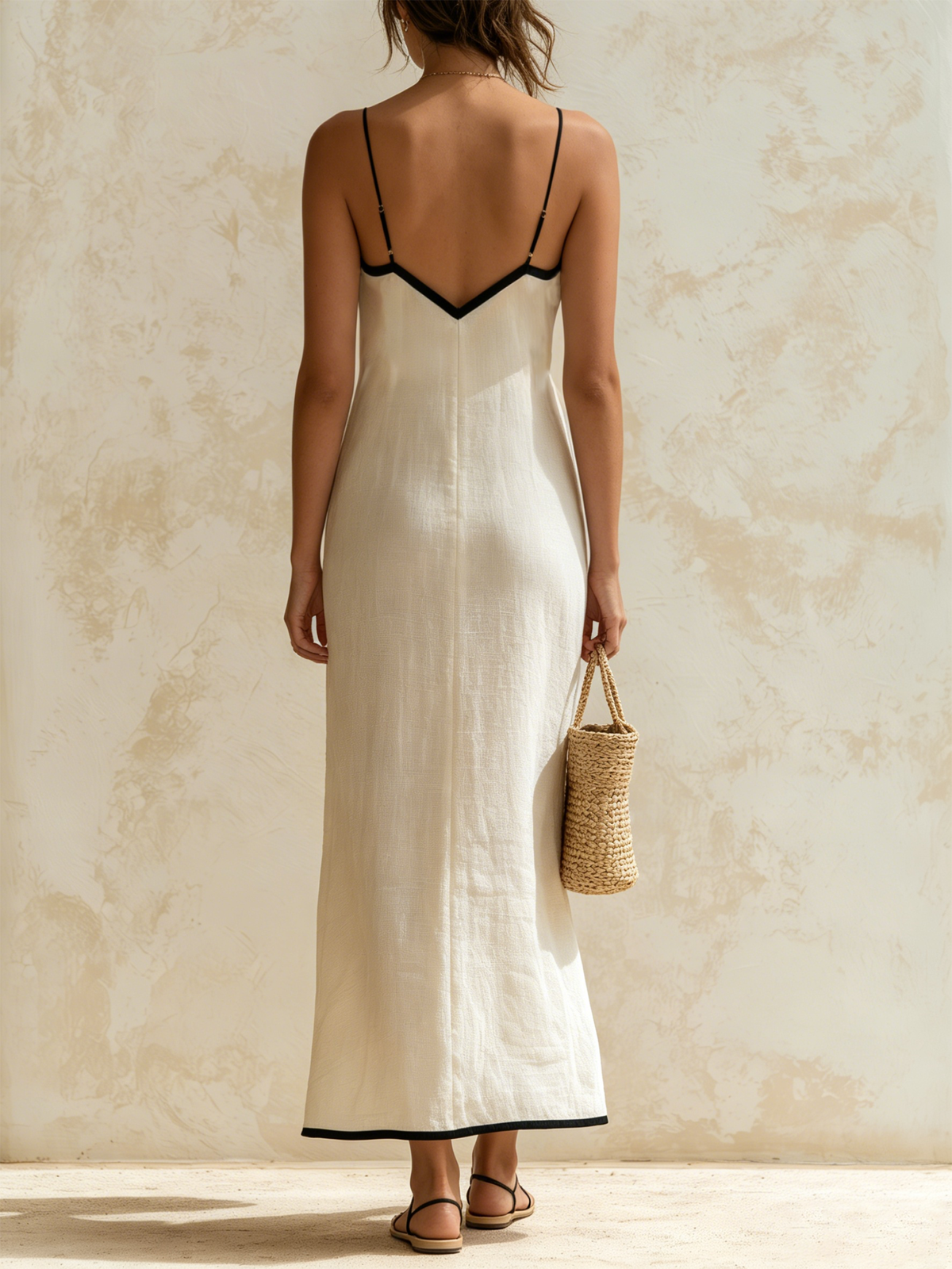 Vestido largo beige claro con espalda en V y ribete negro, con bolso de rafia