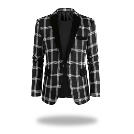 Blazer masculino a cuadros blanco y negro con solapas negras y bolsillo de pecho