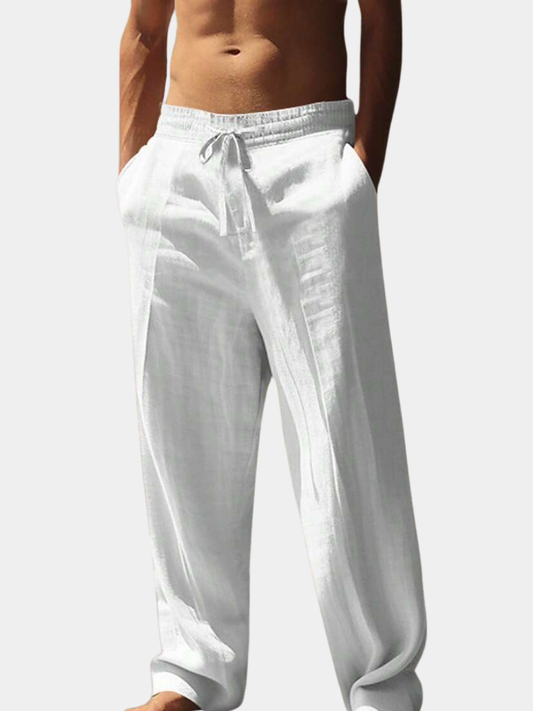 Pantalón ligero de lino blanco con cordón y cintura elástica, pierna suelta