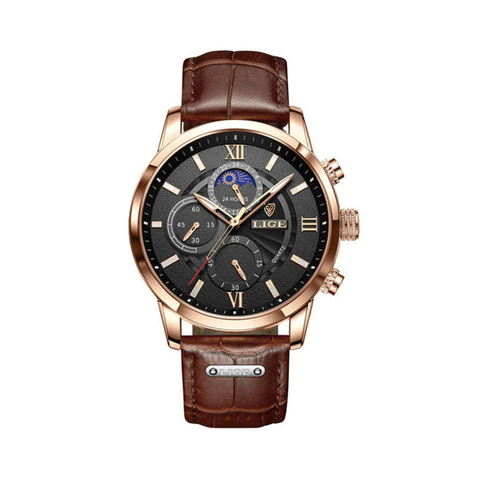 Reloj clásico con correa marrón y esfera negra con cronógrafo multifunción