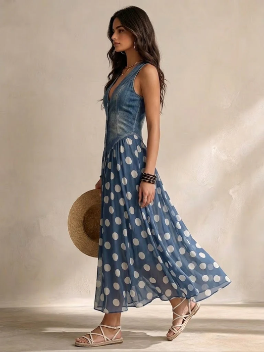 Vestido midi de gasa azul con lunares blancos, sin mangas, falda amplia con vuelo