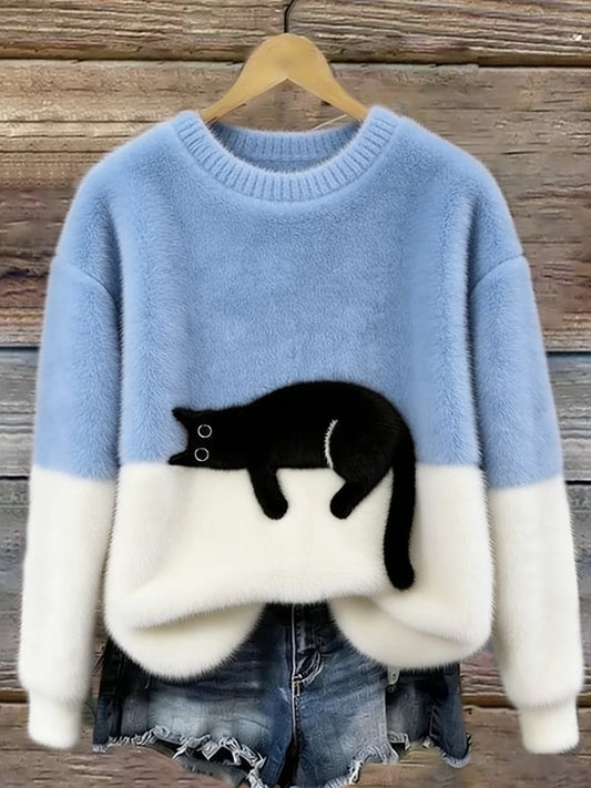 Jersey oversize azul claro y blanco con dibujo de gato negro