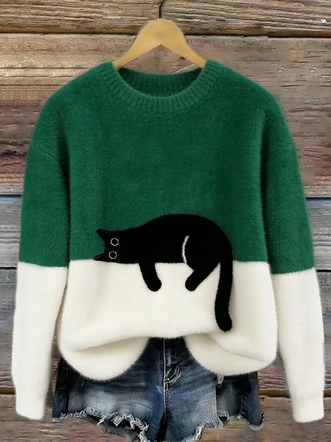 Jersey oversize verde y blanco con dibujo de gato negro