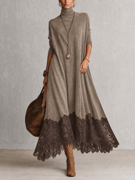 Vestido largo gris efecto ante, cuello alto y bajo asimétrico con encaje oscuro