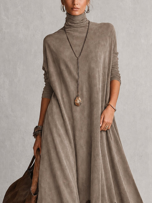 Vestido largo gris efecto ante, de manga larga y cuello alto, con falda amplia