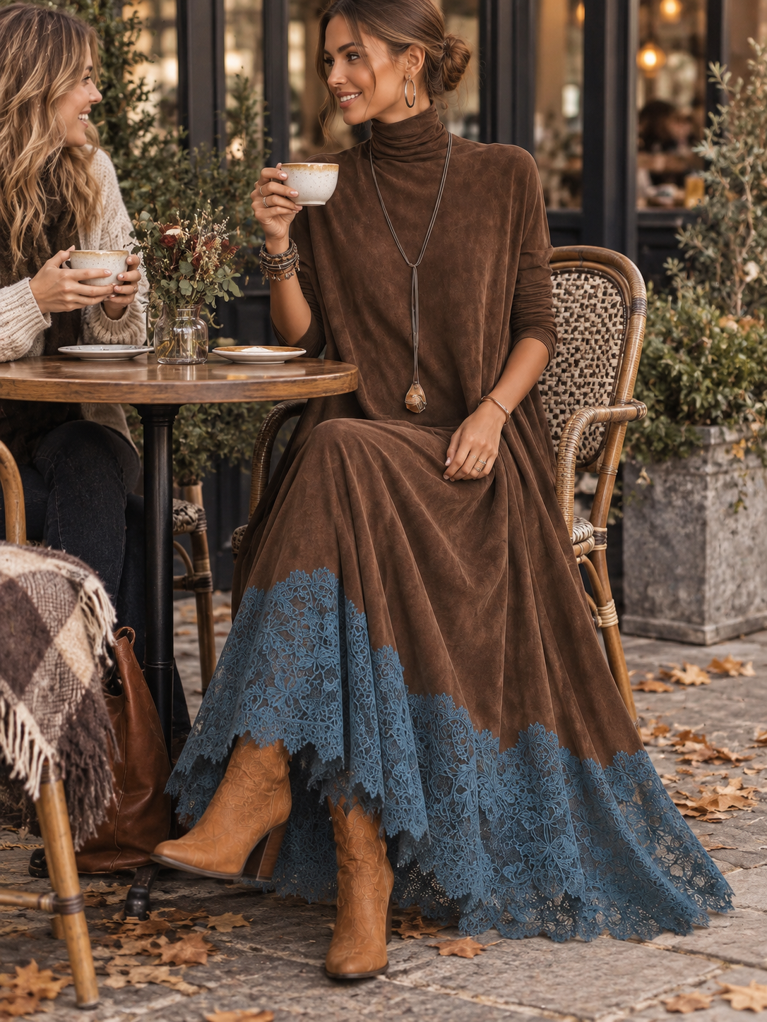 Vestido largo marrón de efecto ante y encaje azul en el bajo, visto sentado