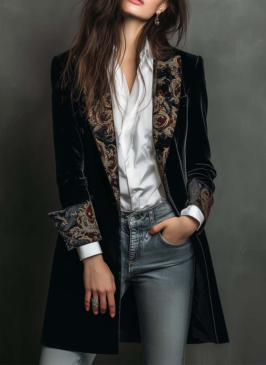 Blazer de mujer negro con solapas y estampado barroco en el pecho y mangas