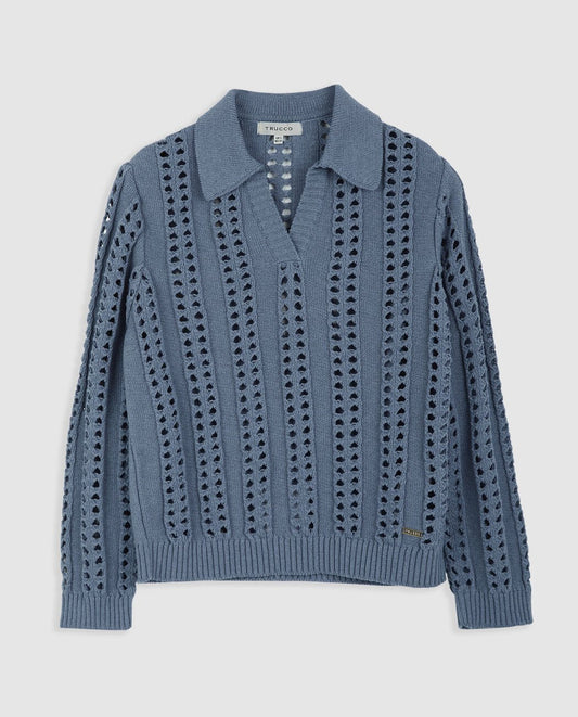 Jersey calado azul claro de punto con cuello camisero y patrón calado