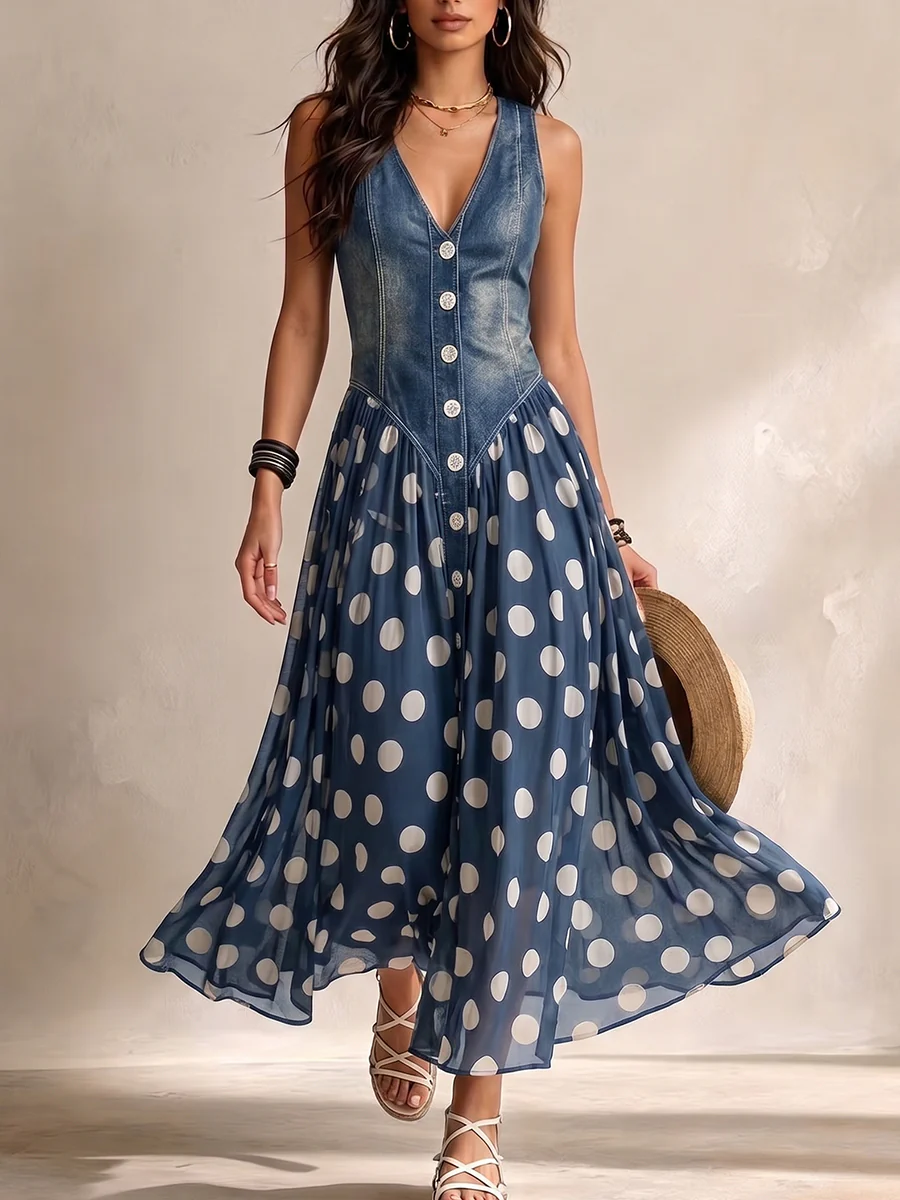 Vestido midi de gasa azul con lunares blancos, escote en V y botones al frente