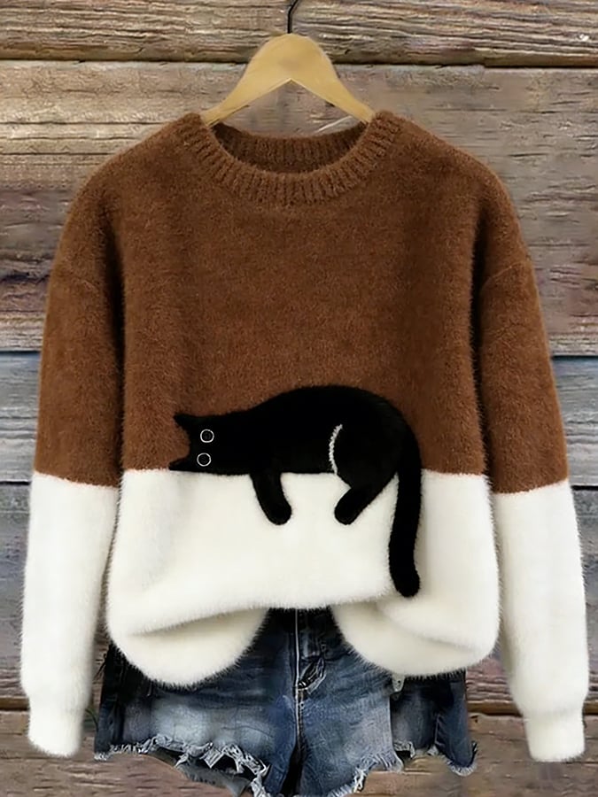 Jersey oversize marrón y blanco con dibujo de gato negro