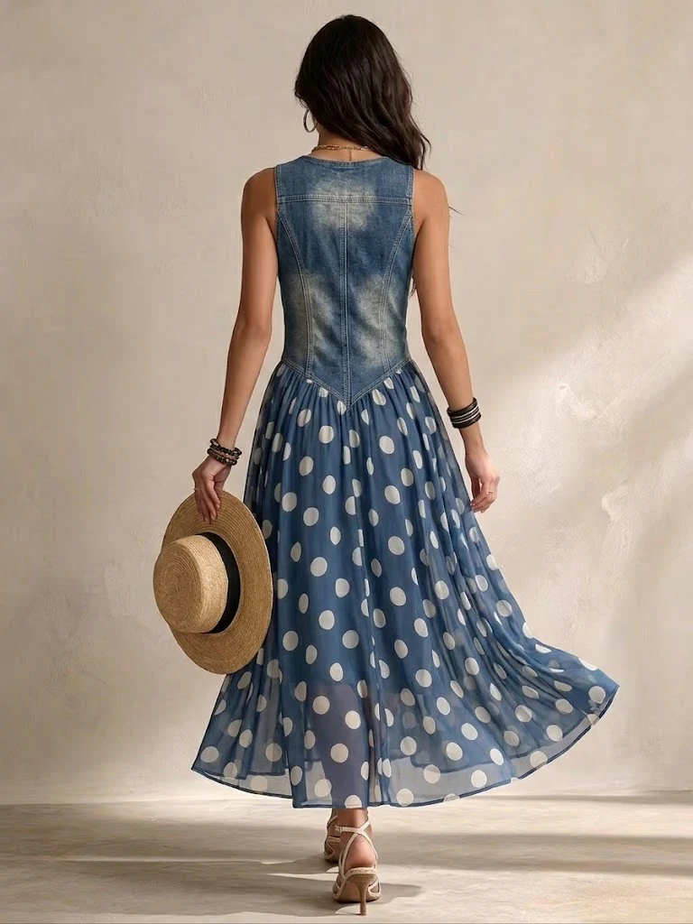 Vestido midi de gasa azul con lunares blancos, espalda descubierta y falda plisada