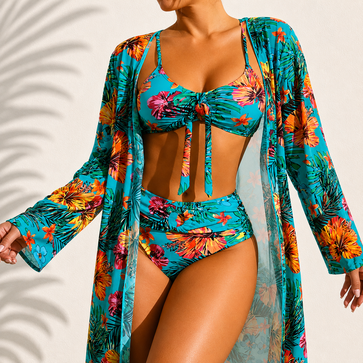 Maria - Elegante bikini de tres piezas con estampado tropical