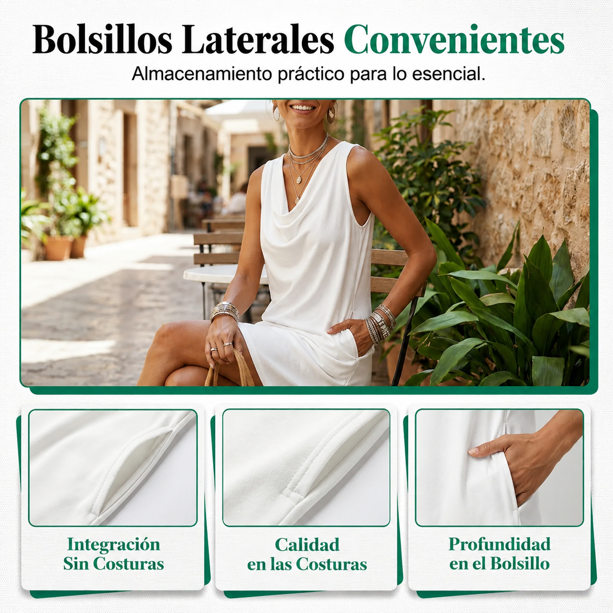 👗 ¡OFERTA LIMITADA: 40 % DE DESCUENTO! 💥SORAYA - Vestido entallado con cuello barco – Sin mangas, bolsillos laterales, versátil ✨
