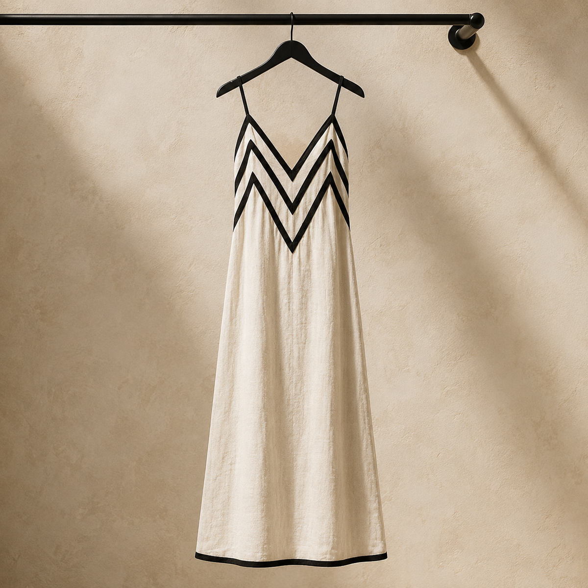 Vestido largo de tirantes finos con galón contrastado en zigzag negro