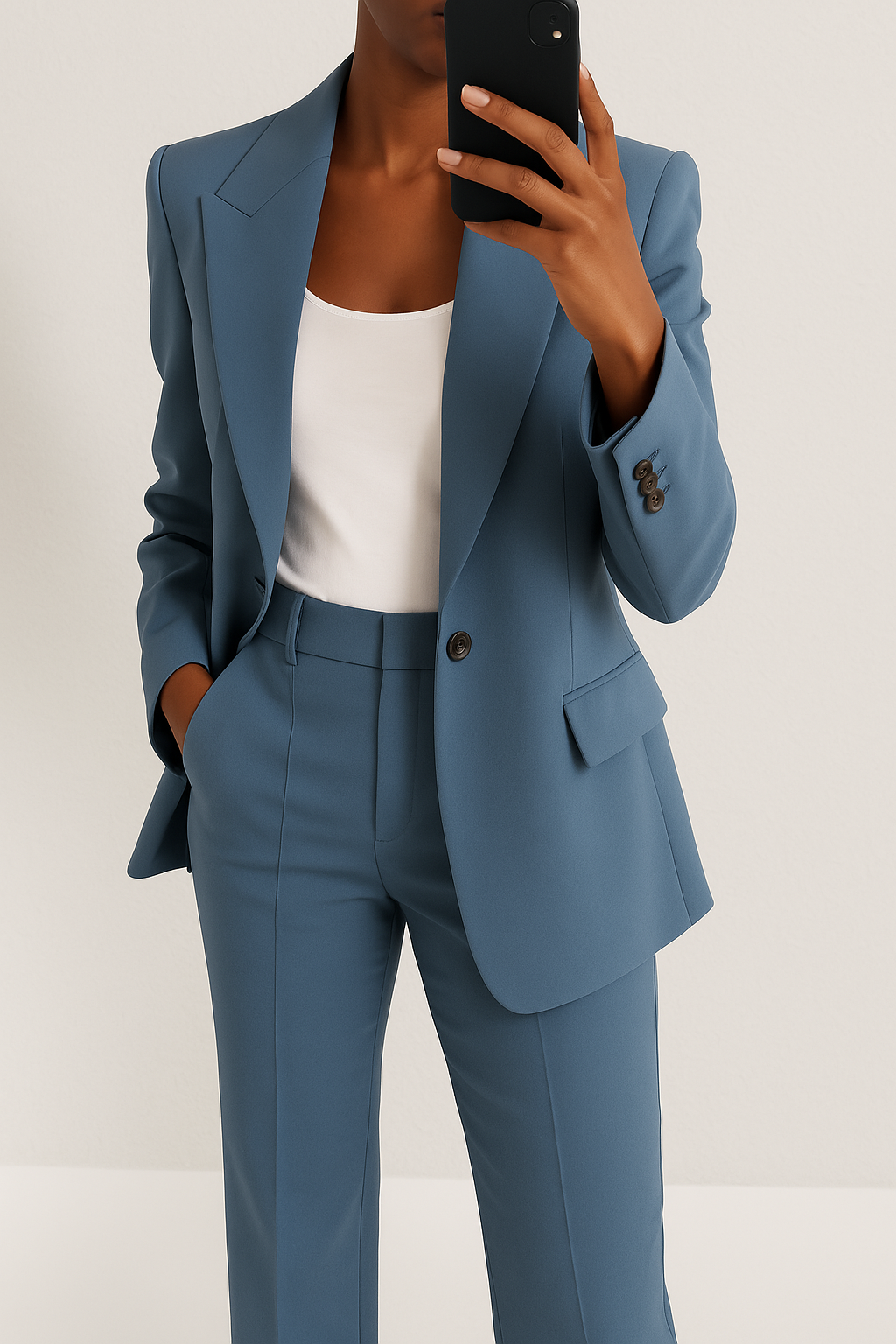 Traje sastre azul con chaqueta de solapa y pantalón recto, cierre con botones.