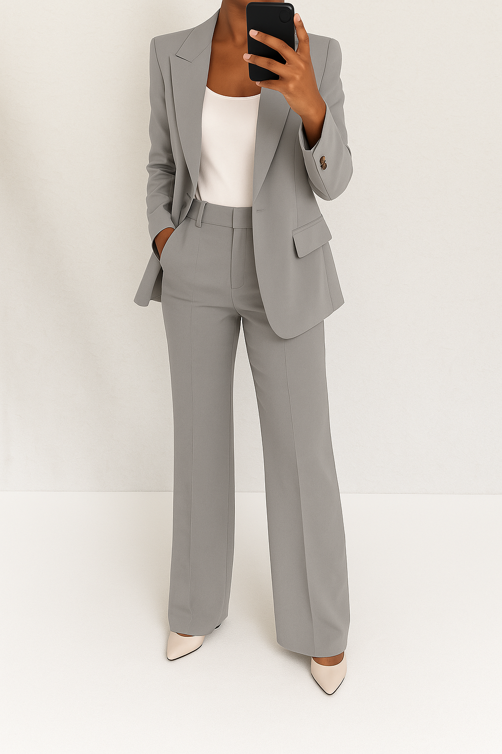 Traje sastre gris con chaqueta entallada y pantalón de pierna recta, botones visibles.