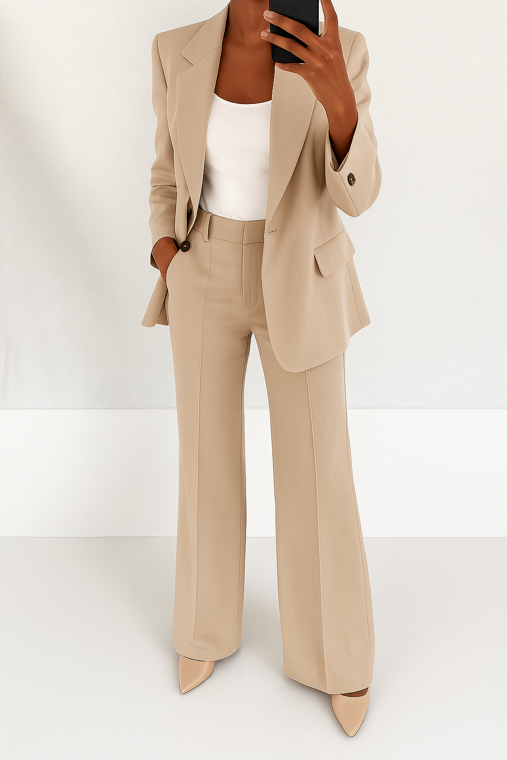 Traje sastre beige con chaqueta de solapa y pantalón de pierna amplia, botones en manga.