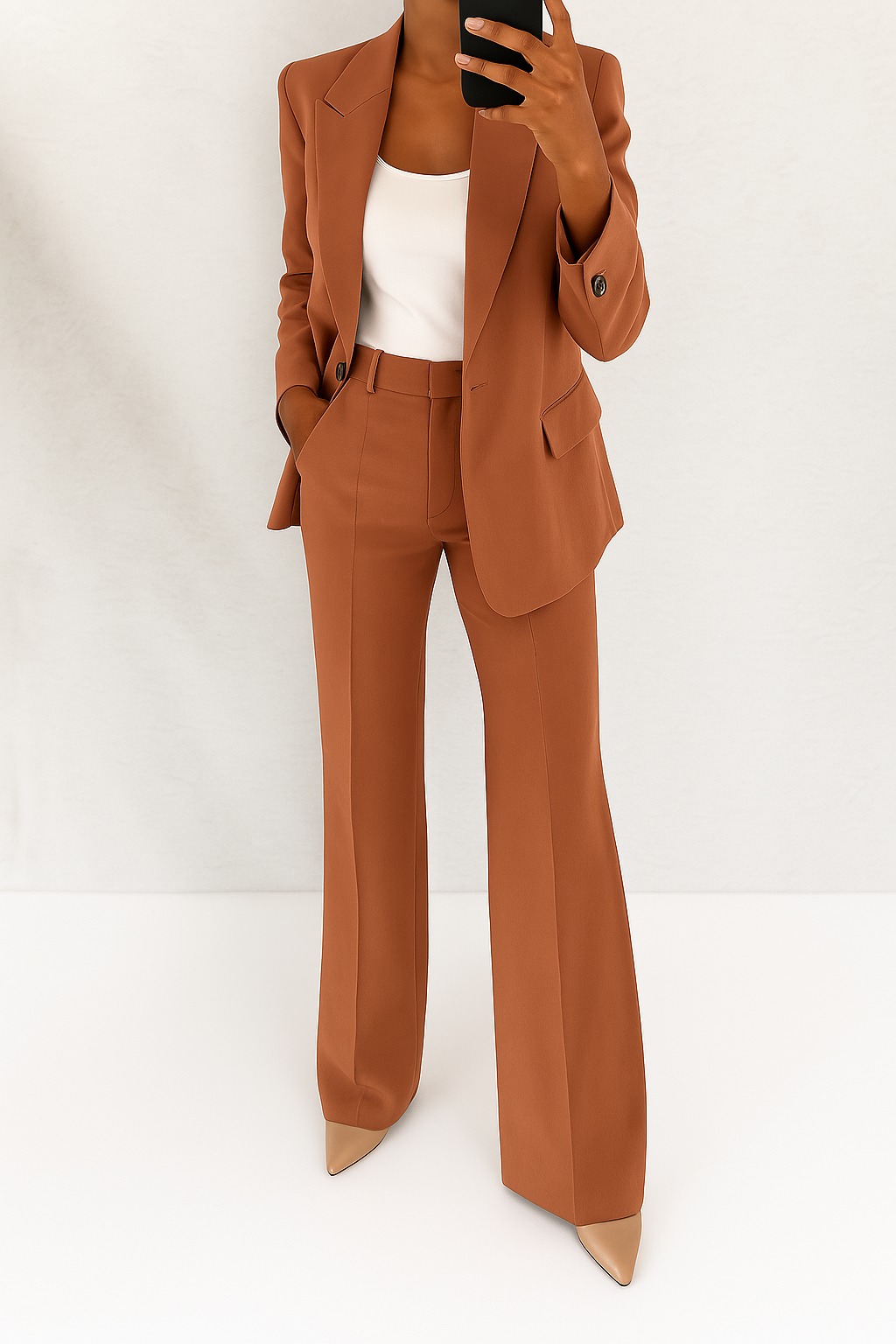 Traje sastre color teja con chaqueta entallada, solapa y pantalón de pierna recta.