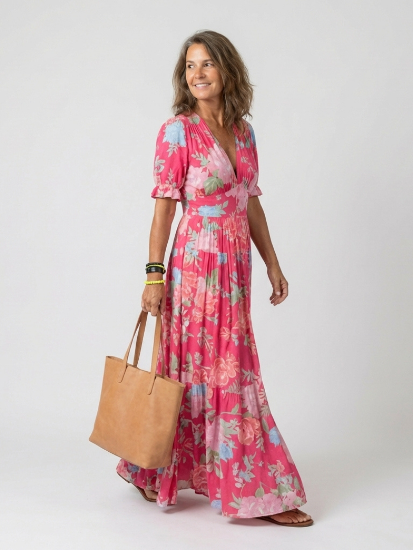 Sonia | Vestido midi de flores, sin mangas y con escote en V