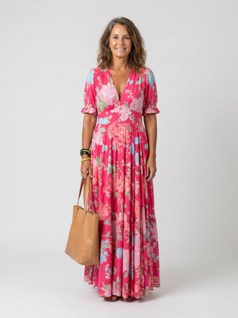 Sonia | Vestido midi de flores, sin mangas y con escote en V