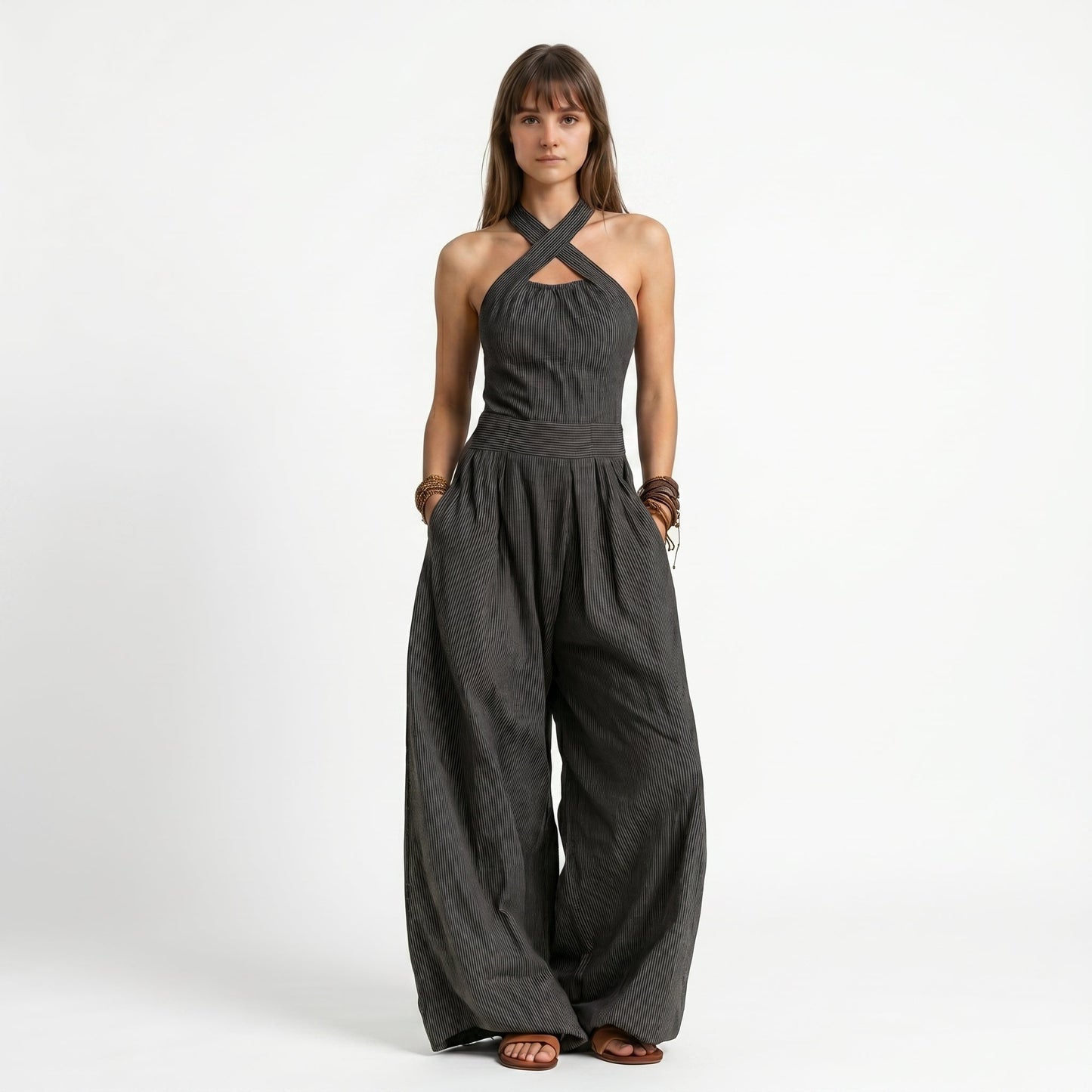 Bianca | Mono de lino y algodón con escote cruzado elegante