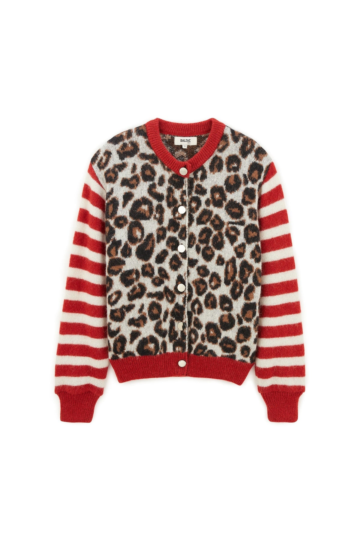 Cárdigan Idole de frente, con estampado de leopardo, rayas y ribetes rojos