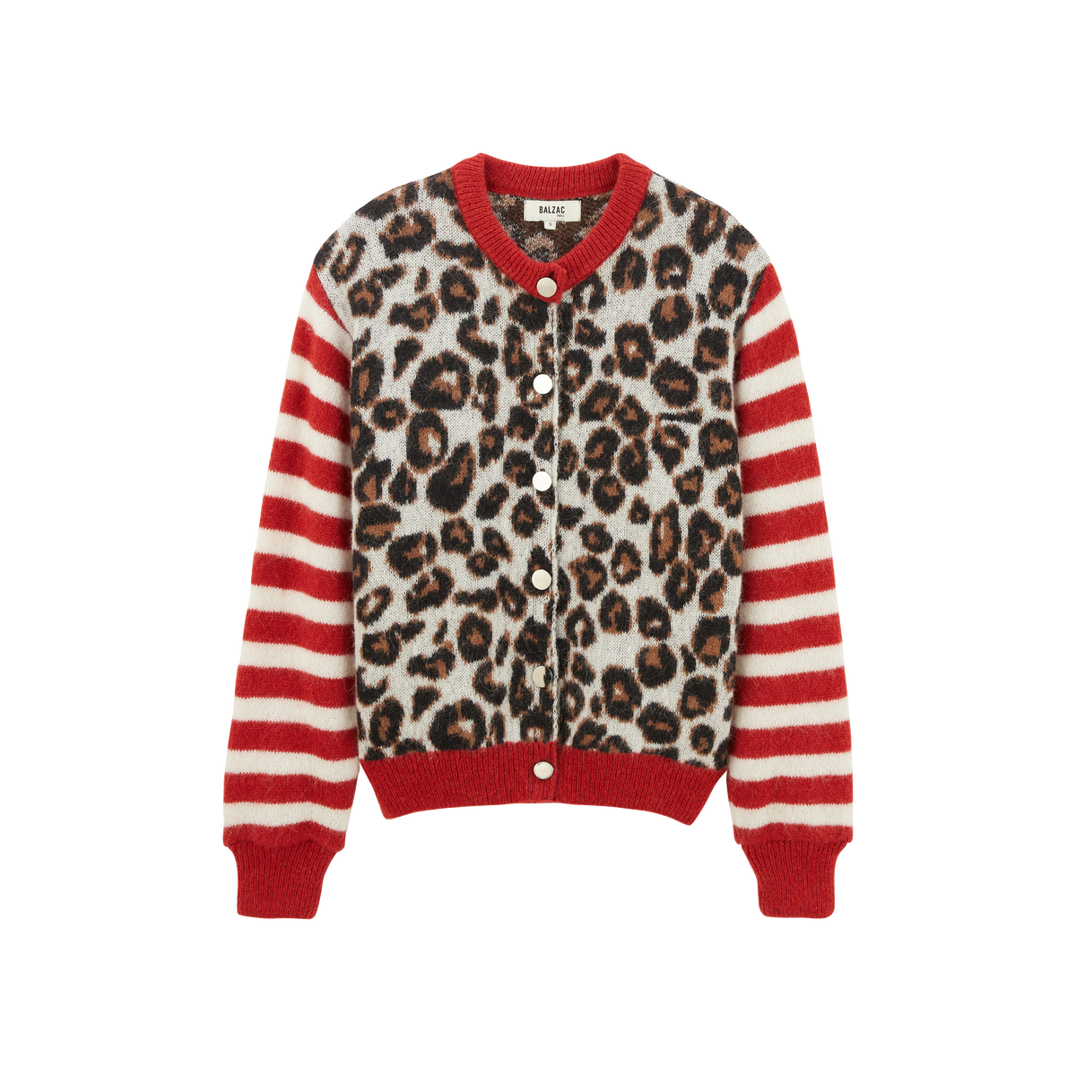 Cárdigan Idole con botones, cuerpo de leopardo y mangas a rayas rojas y blancas