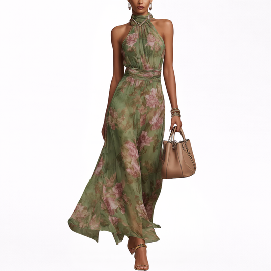Marisa -  Vestido largo con cuello halter y estampado floral