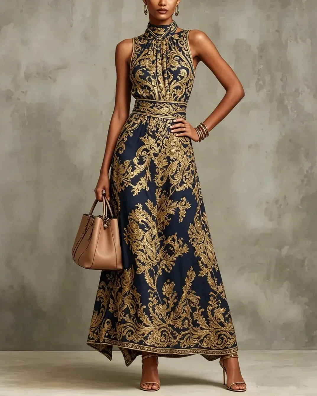 ELENA | VESTIDO LARGO GLAMOUR CON ESTAMPADO BARROCO DORADO