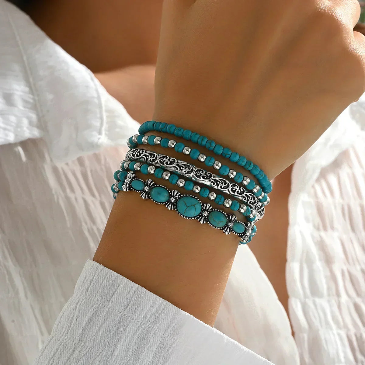 Sonia - Conjunto de pulseras boho con cuentas de turquesa