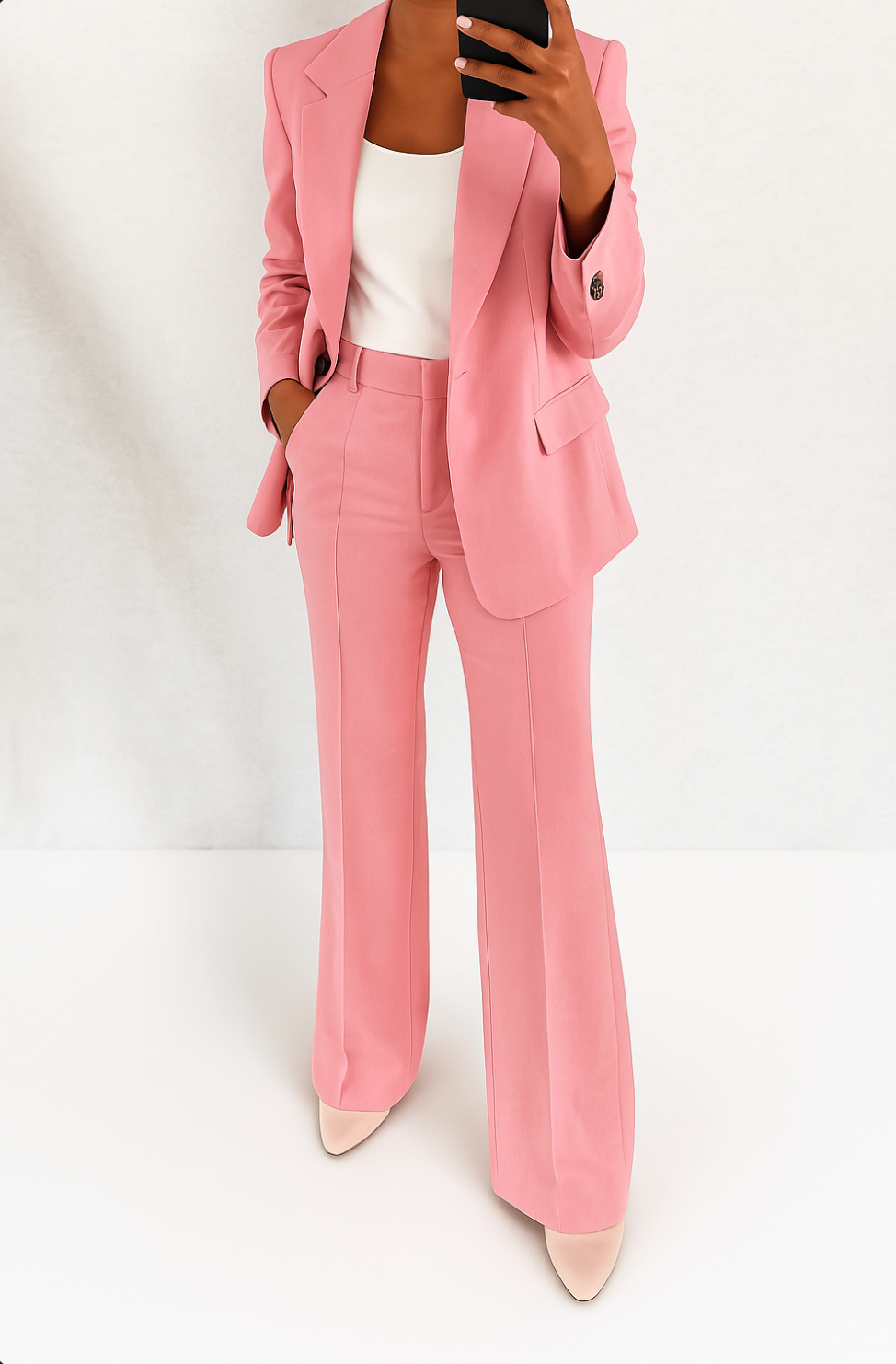 Traje sastre rosa con chaqueta de solapa y pantalón de pierna amplia, botones decorativos.