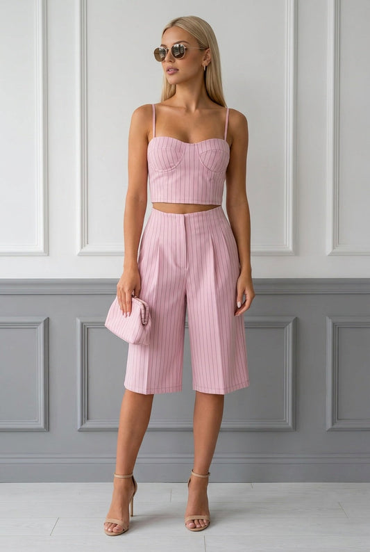 Conjunto rosa de top de tirantes finos y pantalón corto a rayas