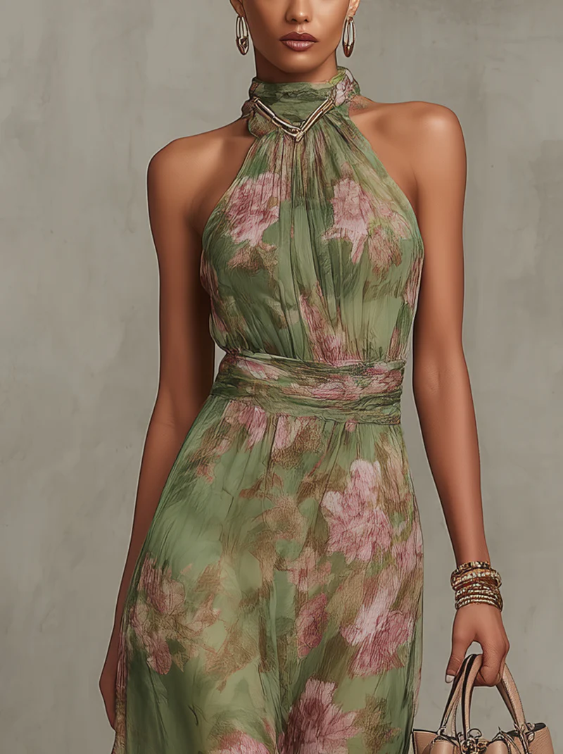 Marisa -  Vestido largo con cuello halter y estampado floral