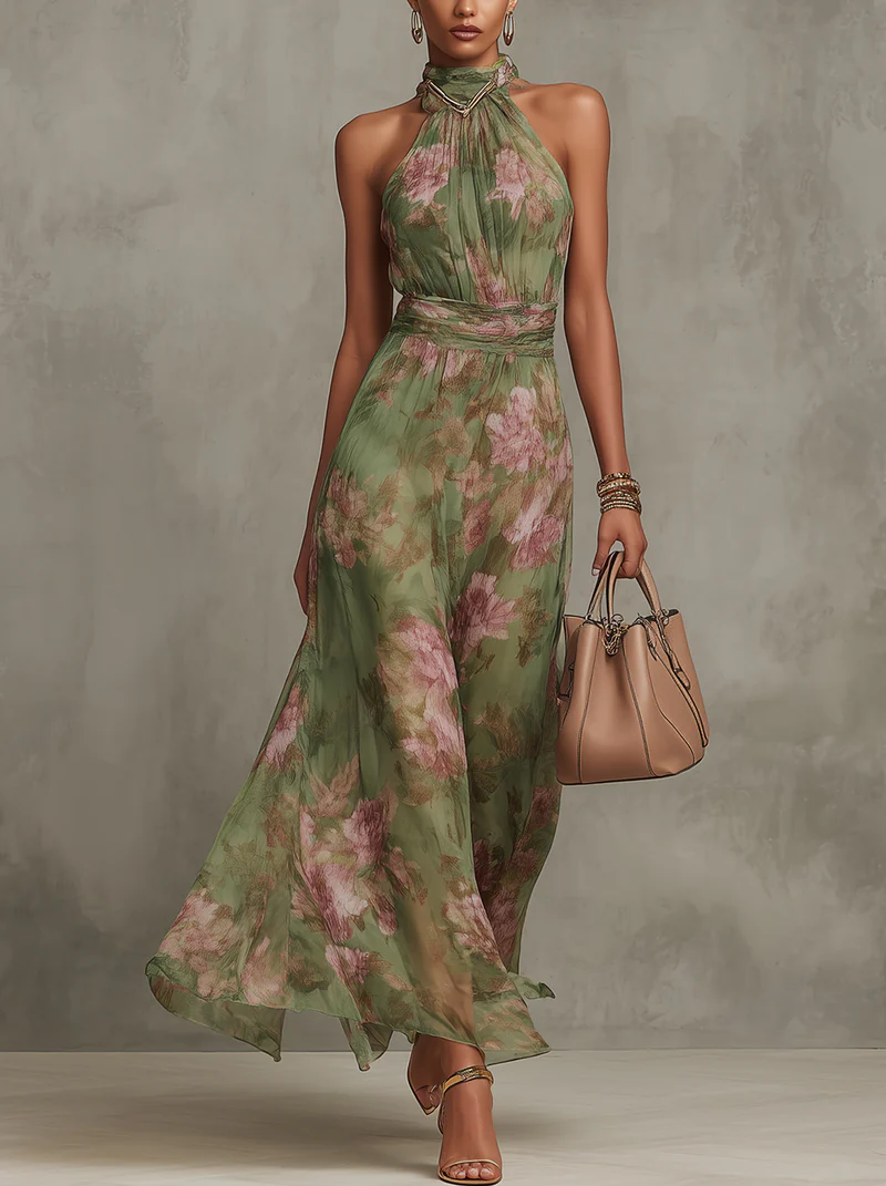 Marisa -  Vestido largo con cuello halter y estampado floral