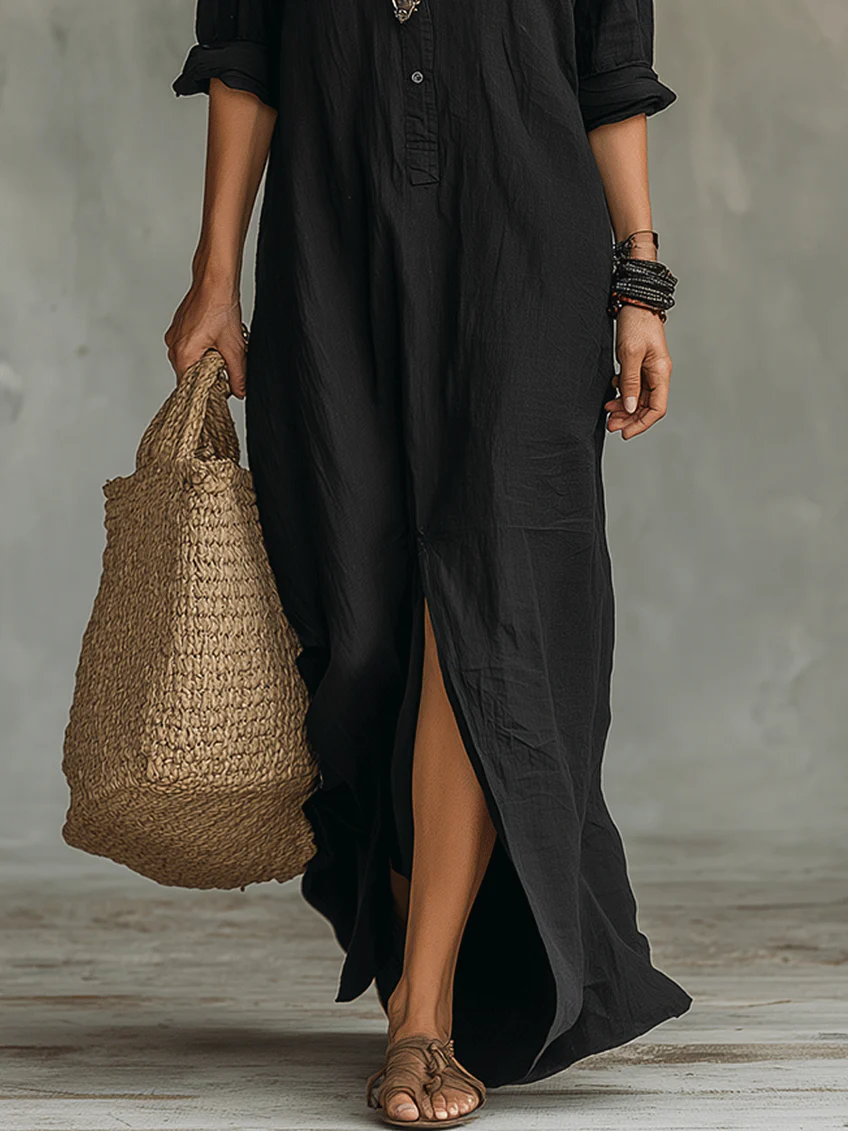 Solène | Vestido maxi negro fluido con botones