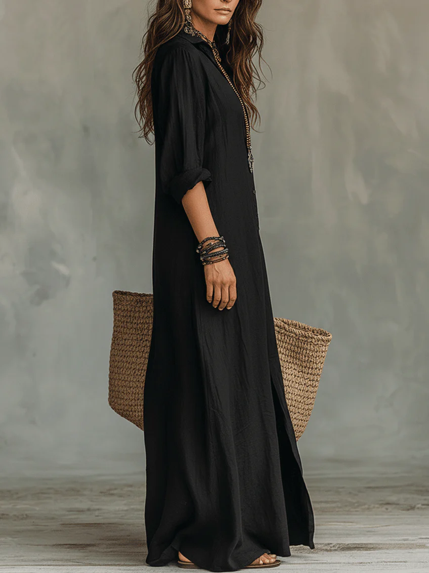 Solène | Vestido maxi negro fluido con botones