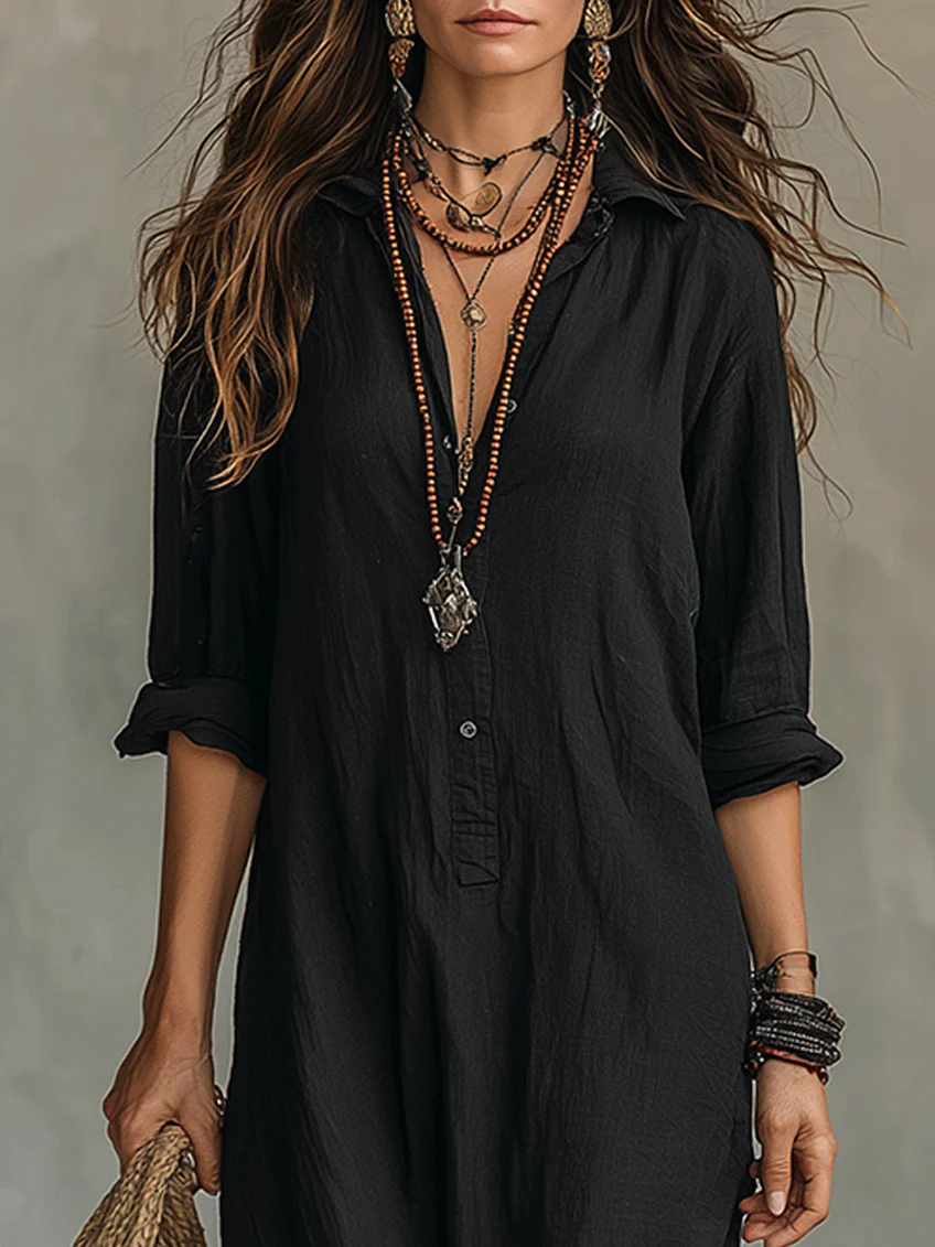 Solène | Vestido maxi negro fluido con botones