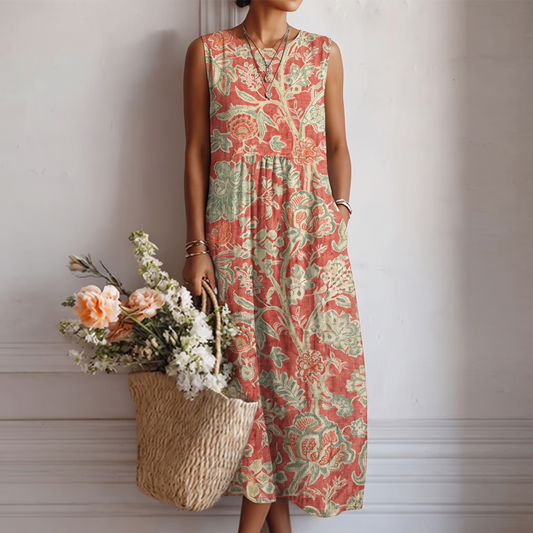 Vestido midi sin mangas estampado floral coral y verde, escote redondo y falda abullonada