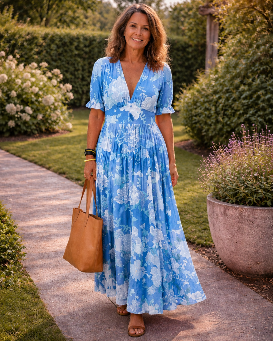 Sonia | Vestido midi de flores, sin mangas y con escote en V