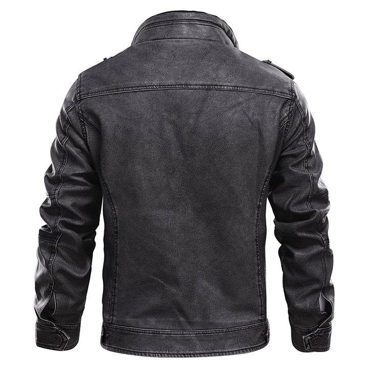 Chaqueta de cuero Bonanza negra vista trasera, capucha y bolsillos en mangas