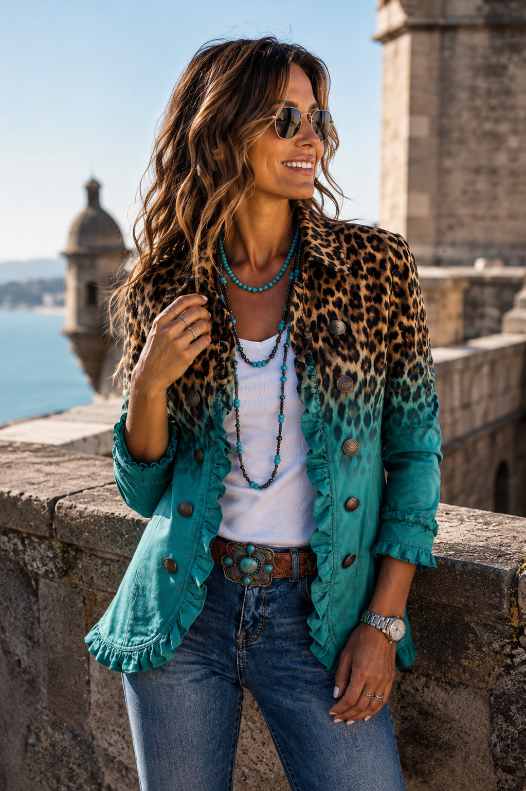 Chaqueta verde azulado con panel leopardo y botones redondos en la pechera