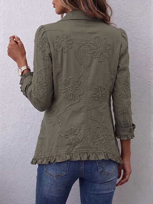 Chaqueta verde oliva de espalda con bordado floral y cierre de botones