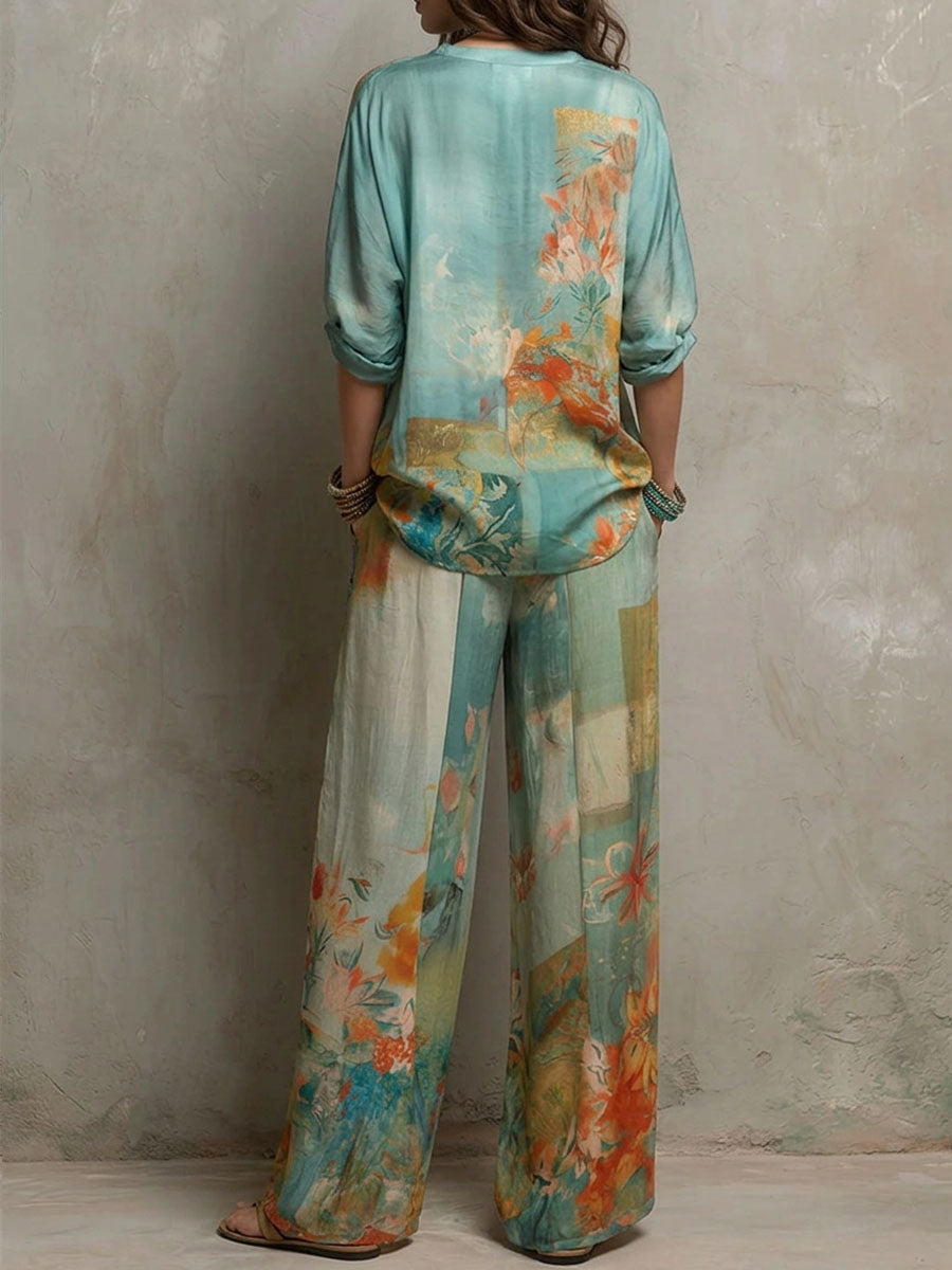Kiara -  Elegante conjunto con estampado floral y pantalones anchos