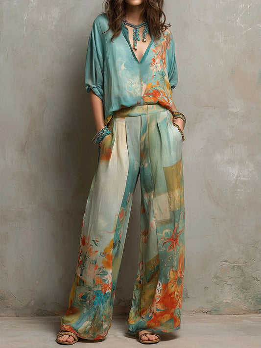 Kiara -  Elegante conjunto con estampado floral y pantalones anchos