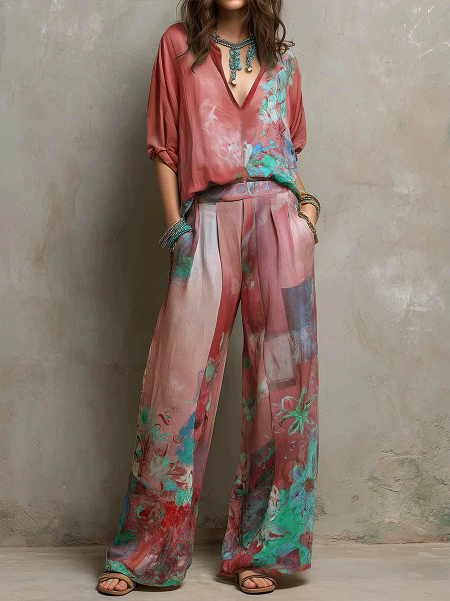 Kiara -  Elegante conjunto con estampado floral y pantalones anchos